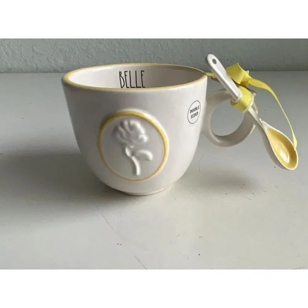 Rae Dunn Disney Princess Belle Ceramic Mug Tea‎ Cup With Spoon Double Sided NEW